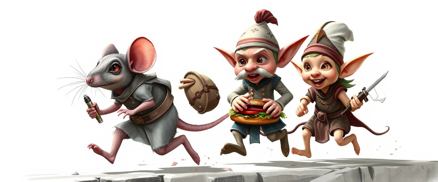 rat gremlin burger chef elf halfling pixie runner, airbrush and pen outline, realistic 3d rendering with high contrast background