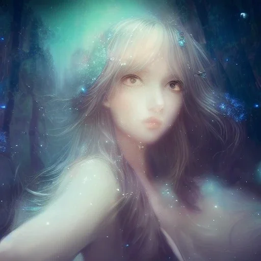 Autoportrait with galaxy beautiful girl ultra-realistic, highly detailed, masterpiece, delicate detailed, sharp focus, insanely detailed, fantasy art, intricate detailed, elegant, fog, Special Lighting, Vibrant, color Scheme, forest, unreal engine 5, trending on artstation, CLAMP style