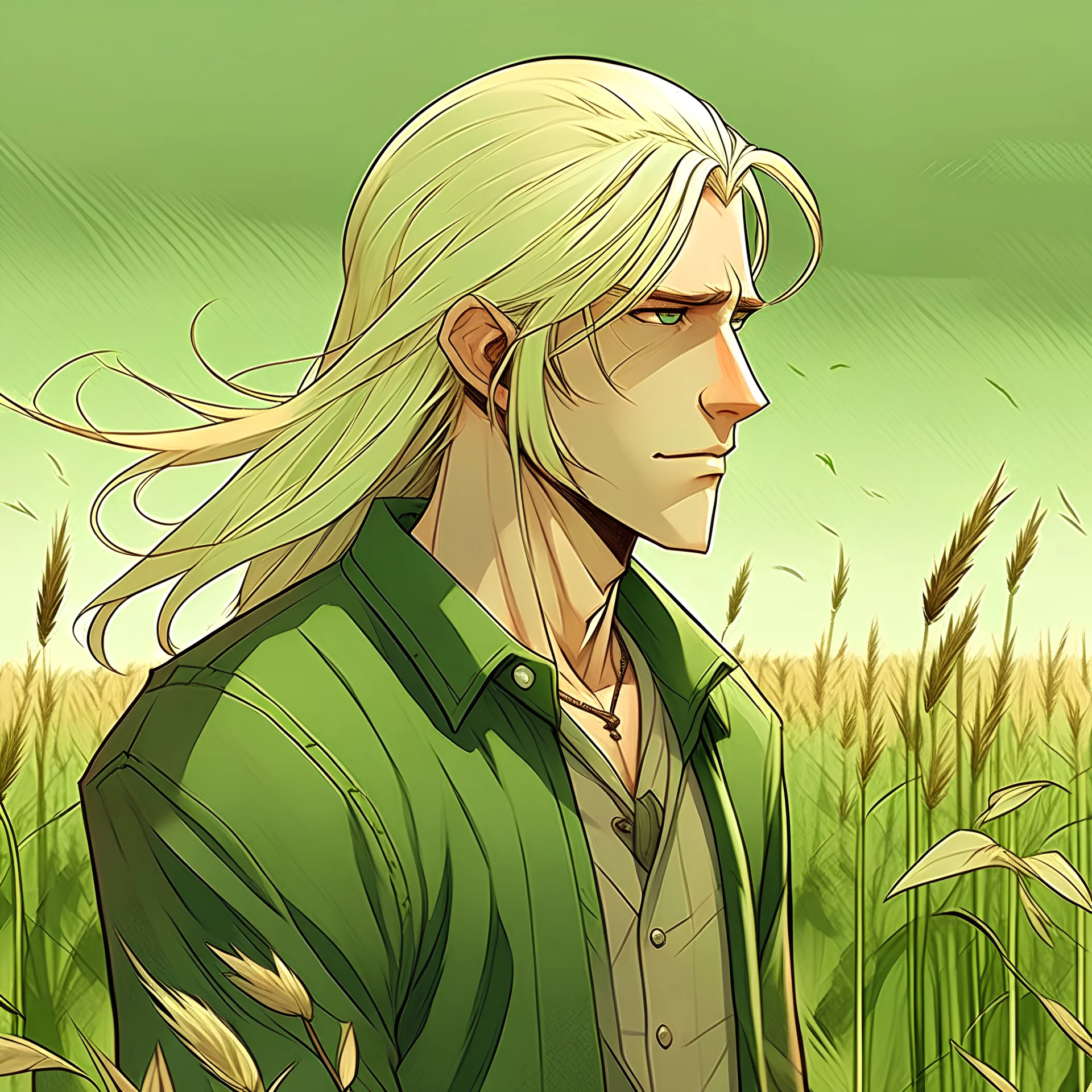 male, soft features, long blonde hair, green clothing decorative wheats, on a field, drawn