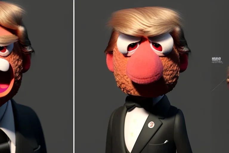 Angry muppet trump, round nose, in suit, eyebrows, spray tan mad, onky one