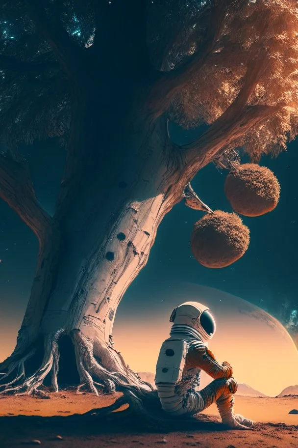 A lonely astronaut sits under the shade of an old tree on the edge of a planet. He looks at a beautiful galaxy.4k, high resolution. full detail