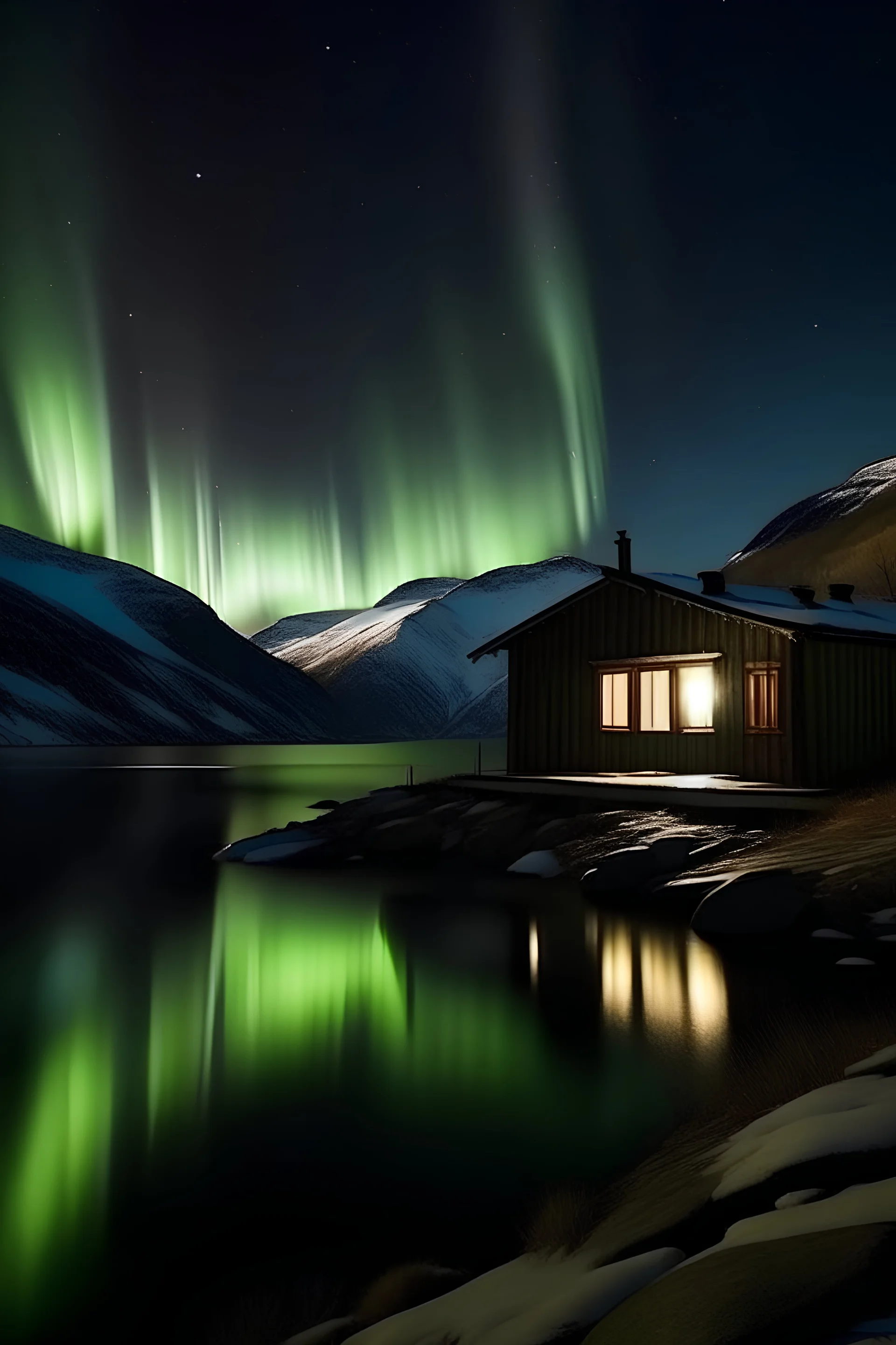 Cabin, mountains, lake , northern lights