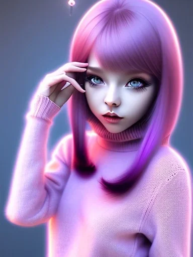 kawaii girl, purple hair, cute, semirealistic, sweater