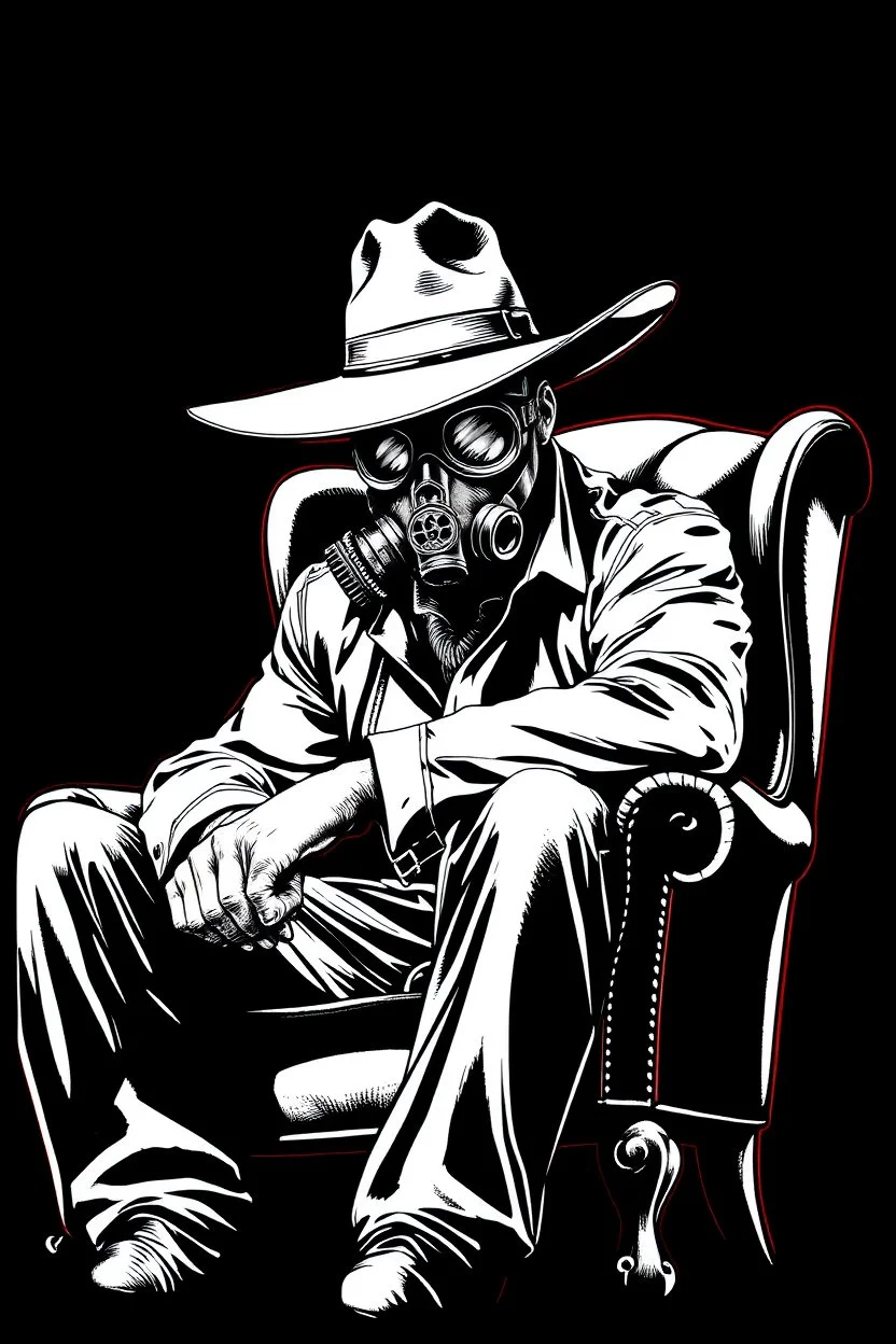 western styles man with wide flat brim hat shading face, wearing a gas-mask, sitting forward on a wingback chair, vignette, black and white graphic novel style with a red outline on black background, gothic body horror