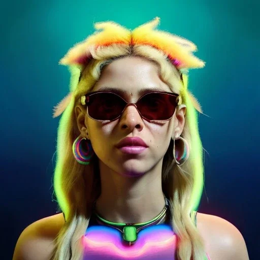 Shakira, artist, 30 years old, Realistic image, waist up portrait, etro style dress. Gucci sunglasses. Blonde, loose long hair, eyes make up, perfect, glow, circle iris. Feather, Neon colors, leds, geometric shapes. Dark background, neon lights. Cyberpunk, concept art, smooth, unreal engine 5, god lights, ray tracing, RTX, lumen lighting, ultra detail, volumetric lighting, 3d, finely drawn, high definition, 4k.