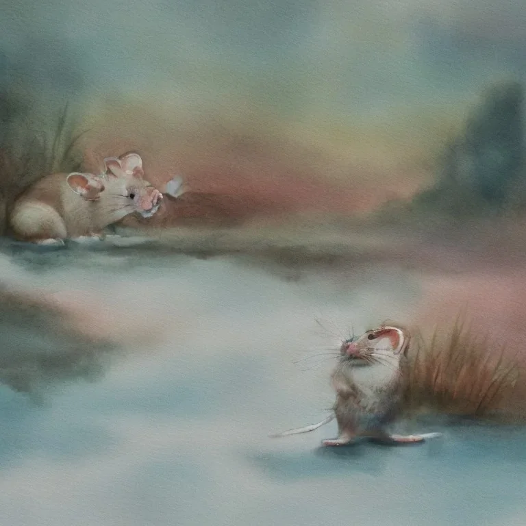 white Field mouse mountains drinking water at sunrise water color vibrant cute