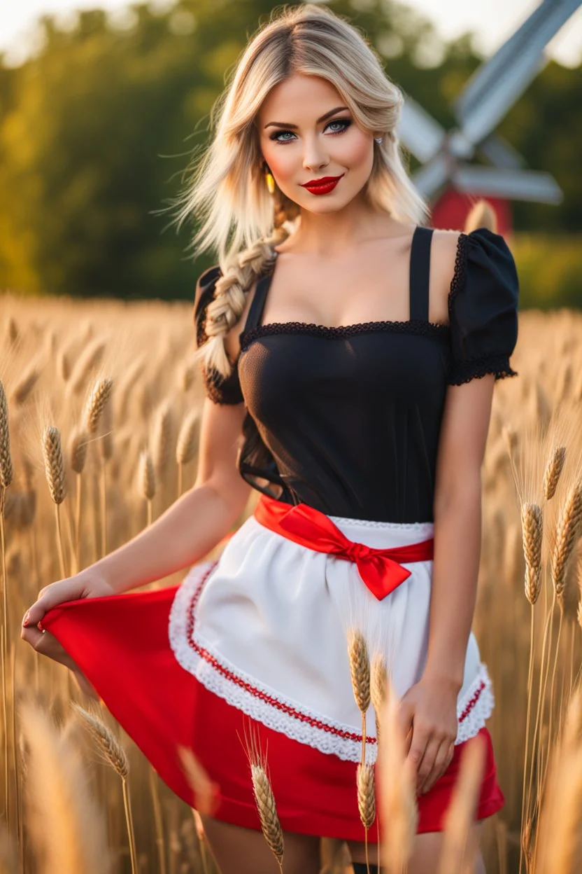 Beautiful russian girl, blonde hair, bold lipstick, windmill, wheat field, braided bangs, braided bobcut, solo, apron,thick thighs, side-tie panties, black hair,red dress, portrait