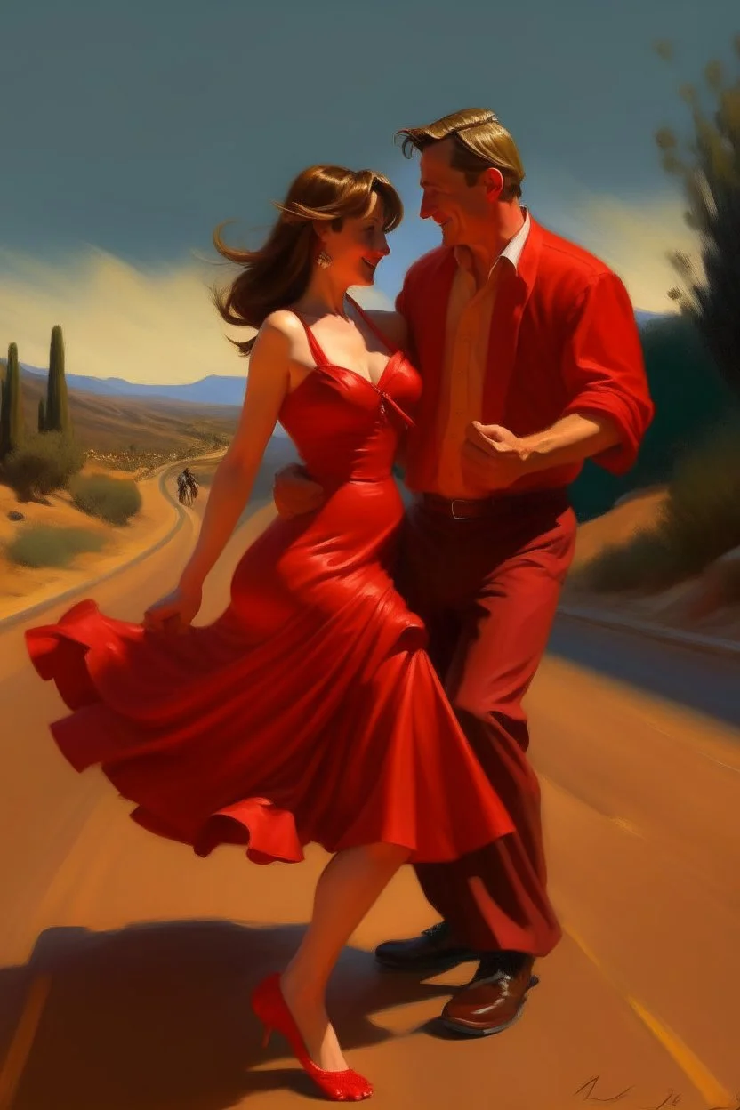 An oil painting of two lovers bumping into each other on the road and exchanging glances, and around them bells wearing a red dress and holding her by the waist