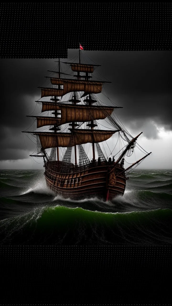 Pirate ship surround by ocean water, hurricane storm