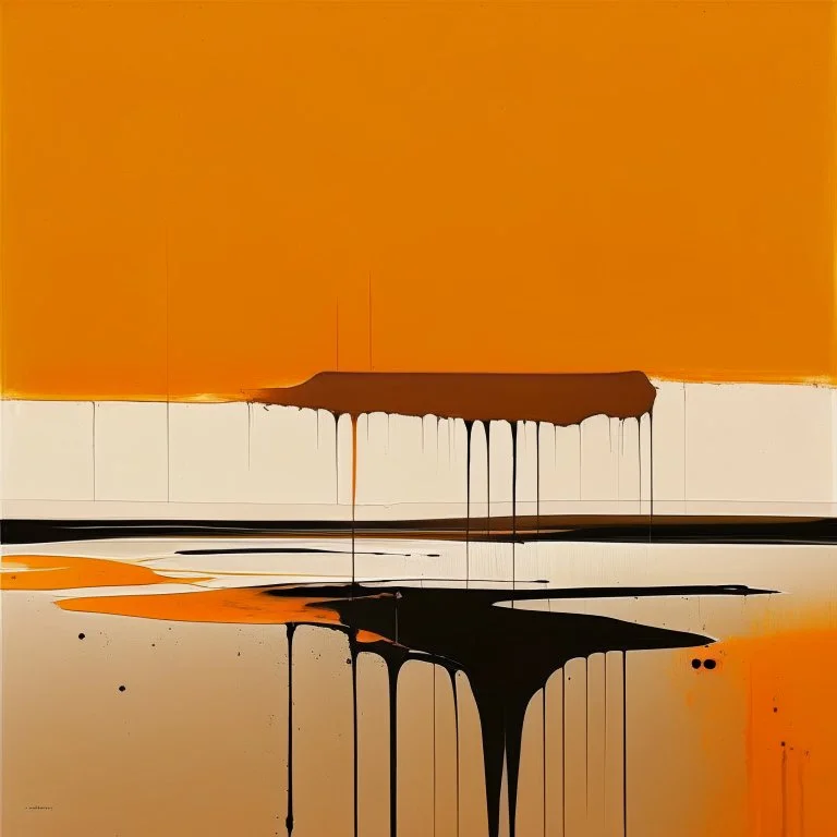 Melancholy Minimal abstract flat landscape painting. Rough brushstrokes and dripping paint. A single orange colour highlight with complimentary background colours. Use rule of thirds. Place the Horizon line at the top. Style of Justin Mortimer.Abstract empty landscape painting. Dripping paint. Rough. Minimal. Style of Justin Mortimer.