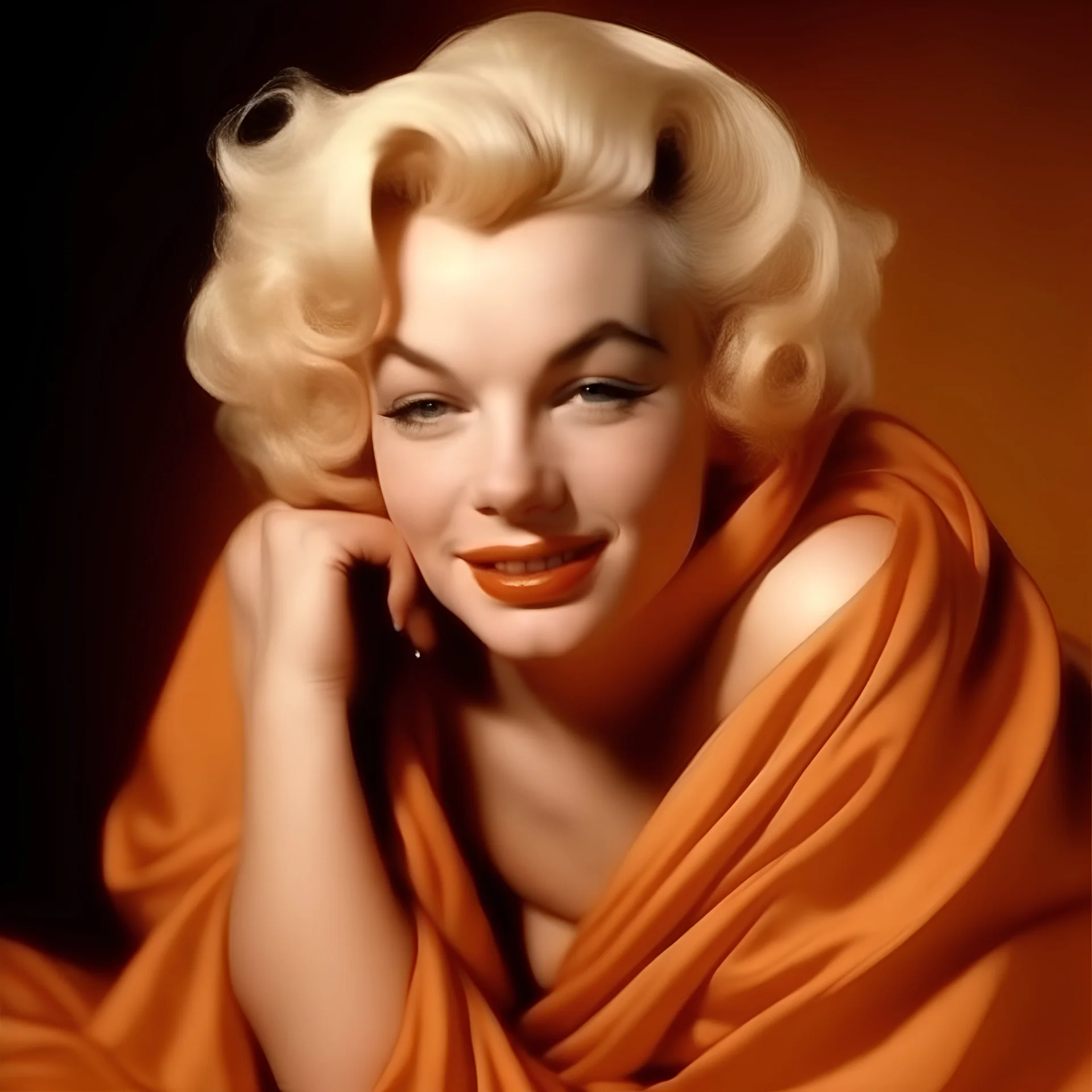 A photograph of cute disheveled marilyn monroe, depressed, , eyes closed, no make up, in the style of milton greene, light orange silk scarf around her shoulders, soft bacground