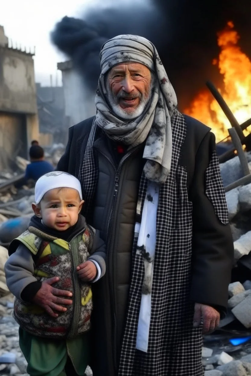 Palestinian old man wears the keffiyeh and the Palestinian dress Carrying a 7 small child ,at winter , Destroyed Buildings , with a Explosions, at night