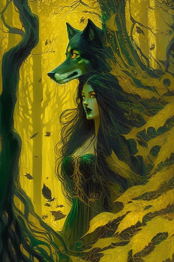 In the heart of a dense and enigmatic forest with towering ancient trees cloaked in emerald, yellow and amber foliage stands an ethereal beauty, her face is perfect, her lustrous hair cascading in ebony waves down to her slender waist she is slowly turning into a tree herself in the background just the crimson eyes of a large demonic dog are visible