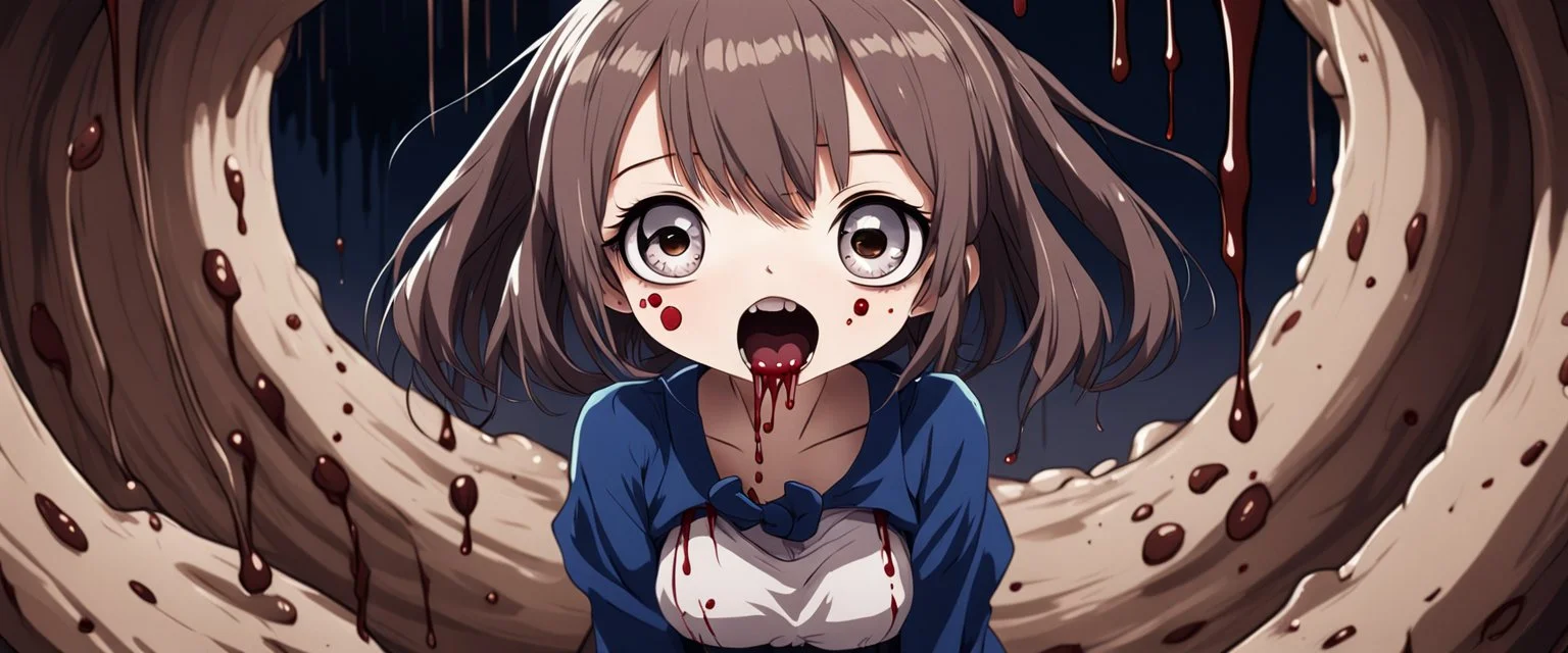 Anime girl with big eyes, darkblue and sepia tones, fullbody, slime, the perspective looking up from the bottom of an empty well, rolling eyes, tongue out, blood drip, open mouth,