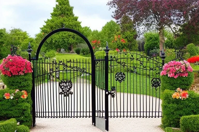 intricate ornate gate, garden, path, flowers