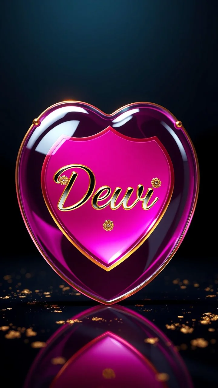 . create a beautiful scene of a shiny, transparent glossy shiny vibrant pink glass shield shaped with golden frame like an inflated pinl heart. Its edges gleam with golden brilliance, and delicate. At the center, a white inlaid with chrome, bears the 3D text name 'Dewi' curvy letter surrounded by small metallic golden flowers, background dark,ultra HD 64k hyperrealism studio lightning light reflection