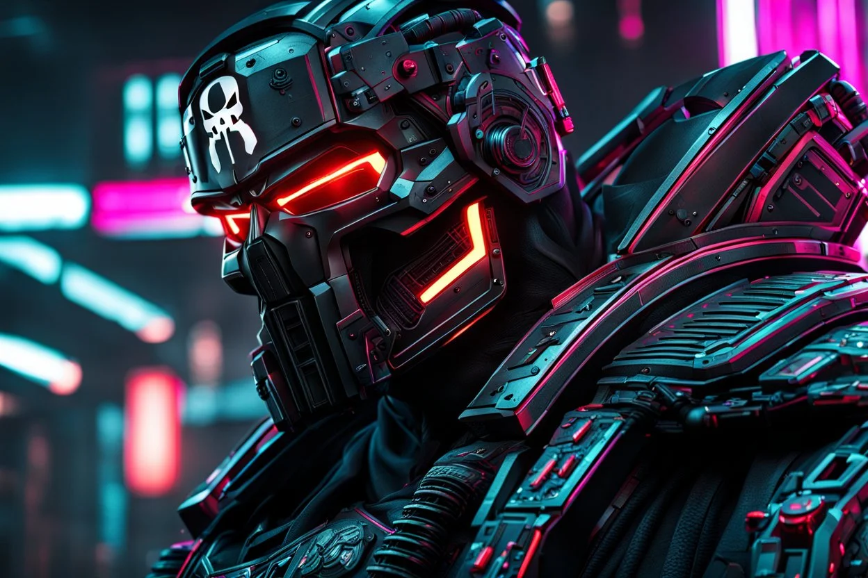 Punisher machine in 8k cgi cyberpunk drawing style, samurai them, close picture, neon, intricate details, highly detailed, high details, detailed portrait, masterpiece,ultra detailed, ultra quality