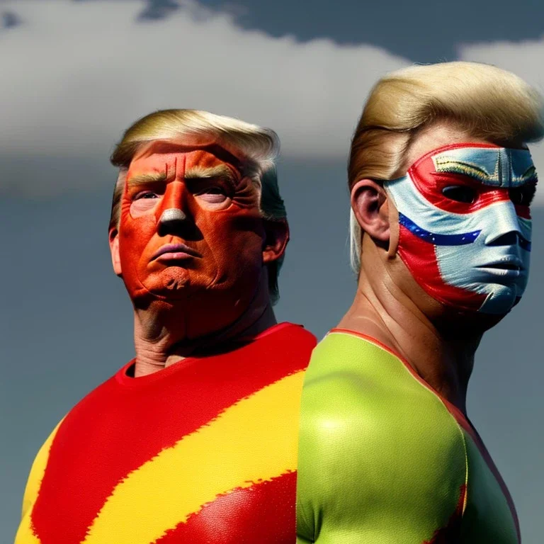 Realistic image of Donald trump wrestler, Mexican wrestling style, Mexican wrestling mask for eyes, red and blue breeches, glow us flag dress, suspenders, retro style, 80s, vibrant color, highly detailed, sky background, concept art, unreal engine 5, god rays, ray tracing, RTX, lumen lighting, ultra detail, volumetric lighting, 3d, finely drawn, high definition, high resolution.