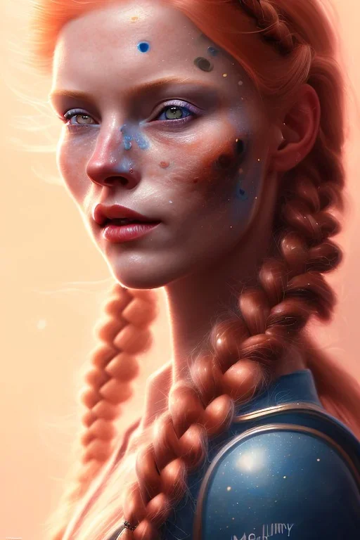 Woman 40 anni, cute, beautiful, orange hair, two braids, wild bangs, blue eyes, big eyes, freckles, long eyelashes, pink lipstick, thin lips, small nose, Gillian from Practical Magic, 8k resolution concept art portrait by Greg Rutkowski