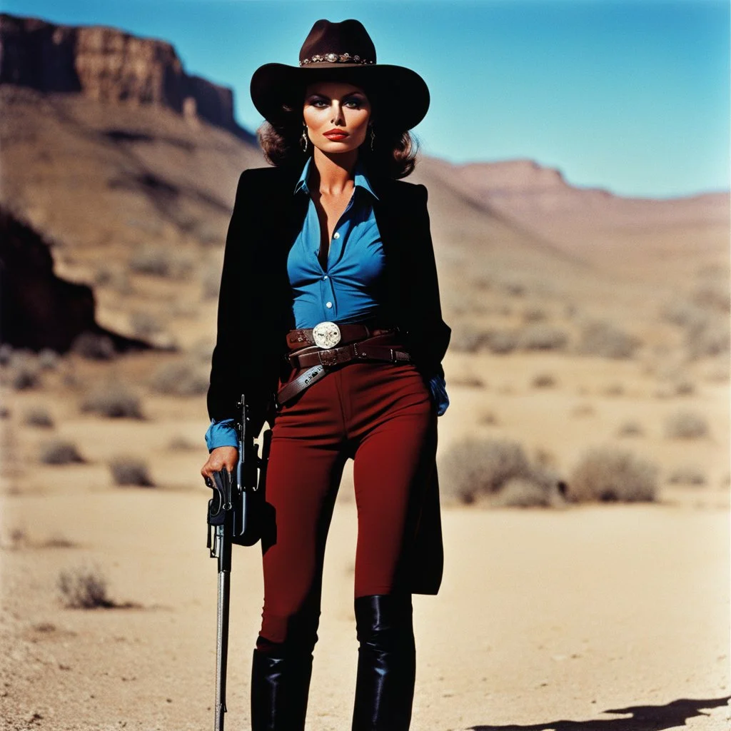 [colour photo by Helmut Newton] happy in the wild Wild West: My Name Is Nobody [Il mio nome è Nessuno (1973)] youthful Sophia Loren stands tall with her gun, a Spanish and dangerous western cowgirl