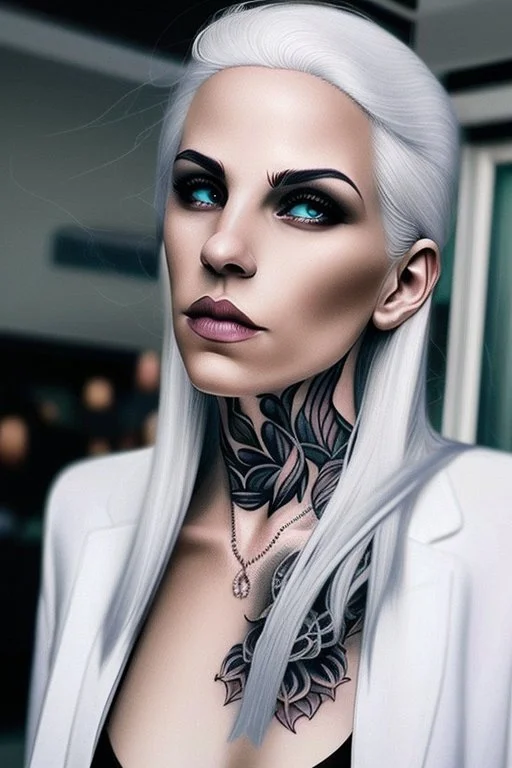 a woman white hair luxury stlye tatto in a street