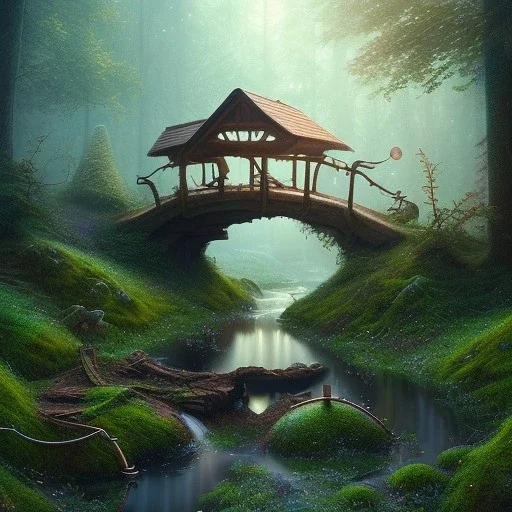 poet with lute, dew drops ,wooden bridge in magical forest, spray painting, foliage frame, fantasy art , movie poster, Realistic photography, incredibly detailed, ultra high resolution, 8k, complex 3d render, cinema 4d, color corrected