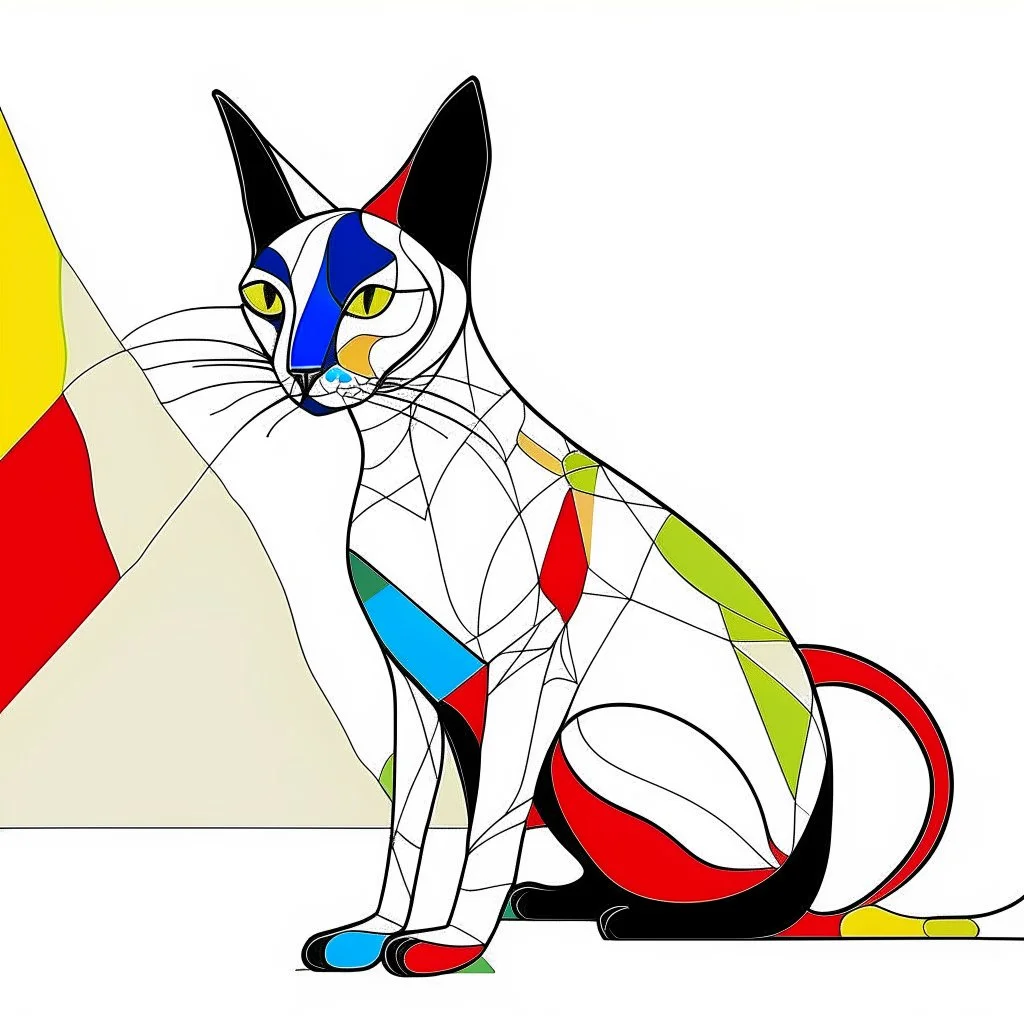 Create an abstract, minimalist Oriental shorthair Siamese cat using continuous line art. The Oriental shorthair Siamese cat is stylized and simplified to the most basic forms, with exaggerated features. adorned with splashes of primary colors. The background should be clean and mostly white, with subtle geometric shapes and thin, straight lines that intersect with dotted nodes and overlap the figures. The overall aesthetic should be modern and artistic.