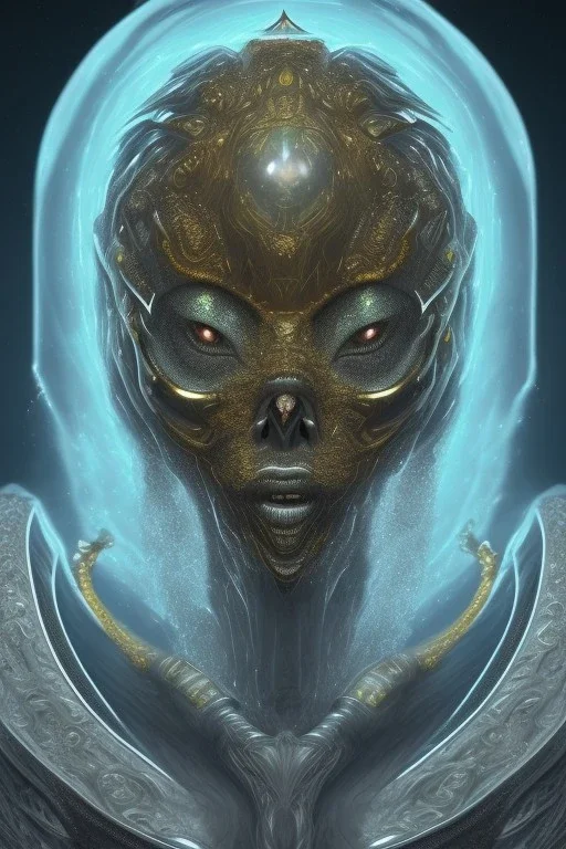 black African alien, cracks in the head, wicked, Asian eyes, crown, blood, 8k, finely detailed, photo realistic, Boris Vallejo style turquoise skull head gold dragon space alien rain skeleton silver helmet silver space suit spaceships