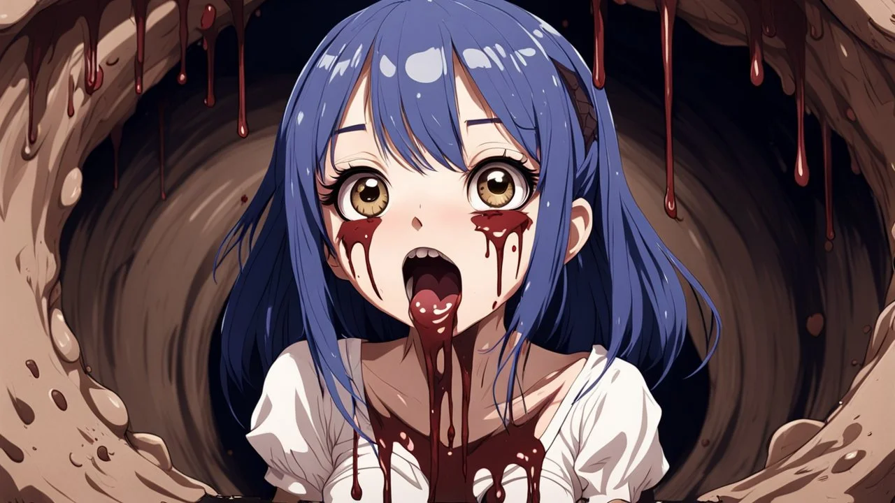 Anime girl with big eyes, darkblue and sepia tones, fullbody, slime, the perspective looking up from the bottom of an empty well, rolling eyes, tongue out, blood drip, open mouth,