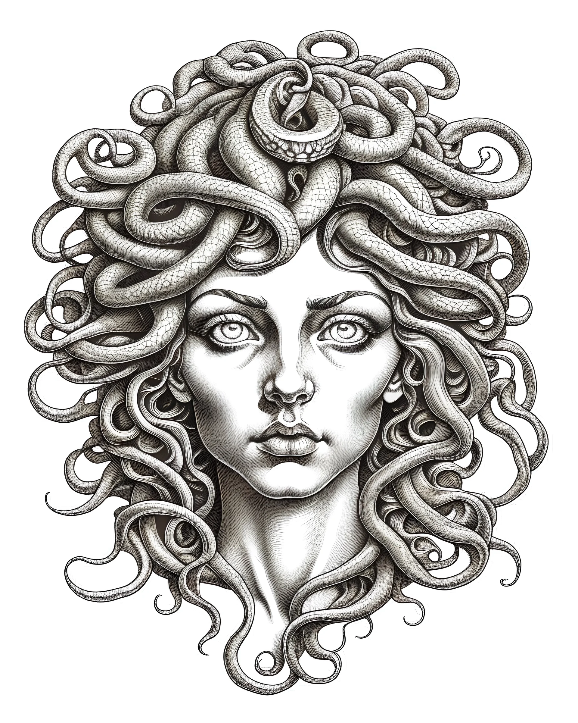 Medusa's petrifying gaze., realistis tatto sketch style, white background, profesional tatto sketch