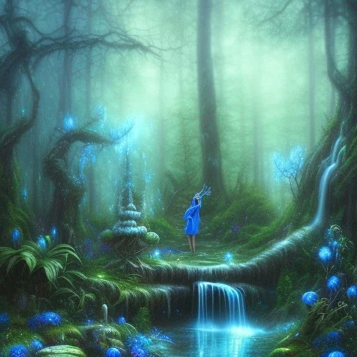 crazy detail, magical forest background, waterfall, blue but cloudy skies,close up of cute dark poet waving hands in water wearing soft robes and blue gloves,dark stone statue, lively eyes,hidden hands, framed by foliage, shiny eyes, holding up scroll