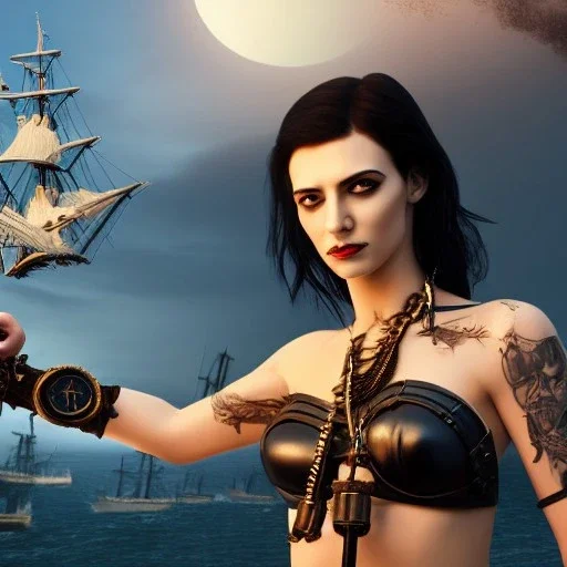 realistic, young model with dagger, short black hair flowing. holding a sword. black tatoo on arm. dressed a steampunk pirate, bra with carved leather. Salvador dalì style. Ships in background with high details. 4k, unreal engine. A cacatua is flying above.