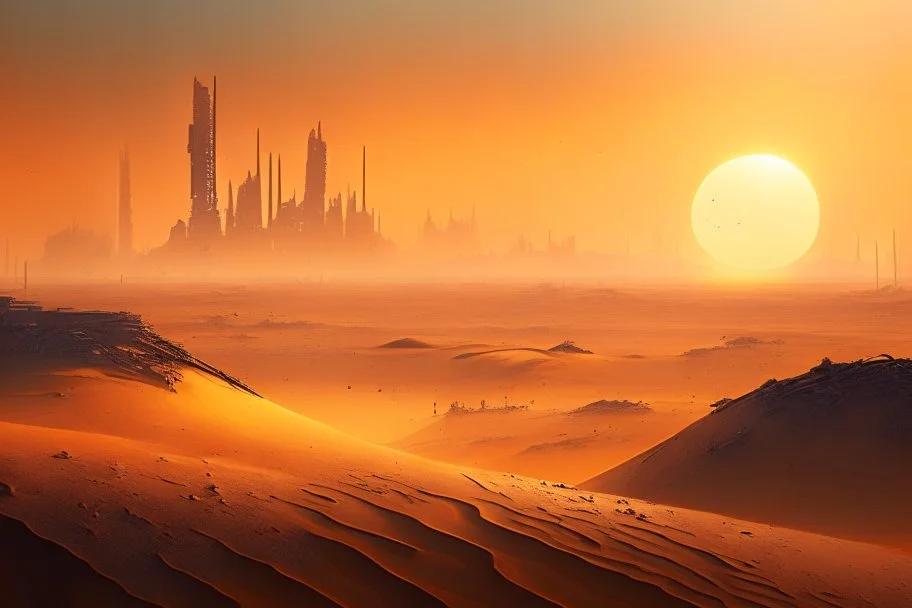 sunrise, distant city, sand, arid land, epic, sci-fi