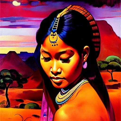 Drawing of 'woman from Afar tribe',sweet stare,painting by Earl Norem, simon Bisley,frazetta,西嘛哒, evan lee, Vallejo,kelly,Paul Gauguin oil on canvas, cinematic composition, extreme detail,fit full head inside picture,8k