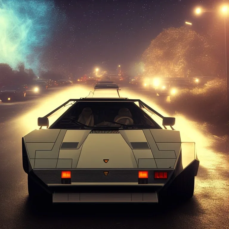 synthwave version of Lamborghini Countach under a bright light during nighttime