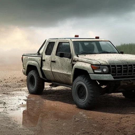 hyperrealistic shot, muddy military toy truck, monotone color palette, sharp focus, puddle reflection, tire water splash, refraction, mist on the horizon, shadowcast, detailed and intricate, cinematic composition, micro, tilt shift photography