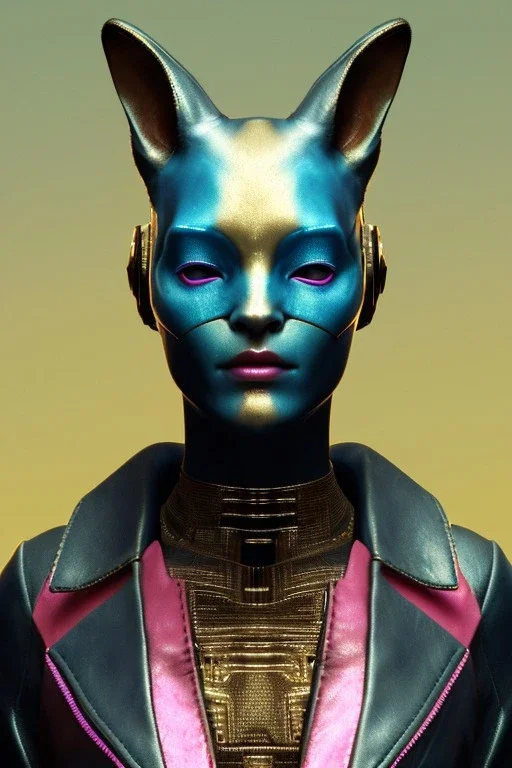 Medium Close Up Portrait, Front image. cyberpunk, rabbit mask, sweet woman, gold hair. Leather suit army. Pink, white, blue, color. Retro futuristic style. Color background, photo studio. Avatar image, highly detailed, concept art, smooth, unreal engine 5, ray tracing, RTX, lumen lighting, ultra detail, volumetric lighting, 3d, finely drawn, high definition, high resolution.