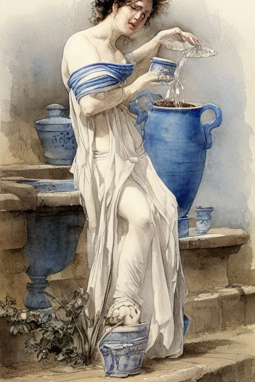 A beautiful woman in an ancient Roman dress pours water from an amphora into a pot in a blue and white bathroom, by Jean-Baptiste Monge, watercolour and ink, highly detailed, award winning, crisp quality in sunshine