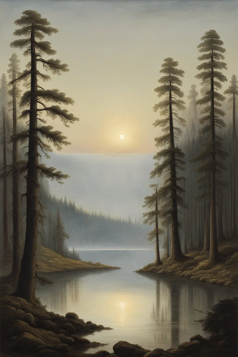 A majestic landscape painting by Caspar David Friedrich, capturing the essence of Romanticism. The painting features a tranquil forest scene, with tall, towering trees, and a serene lake reflecting the sky. In the distance, a charming village can be seen nestled among the trees. The painting's colors are muted, with a contrasting bright sky, and the overall atmosphere evokes a sense of awe and wonder.