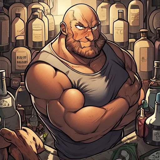 burly ugly 58 year old man bald with short beard and tank top manly chest chooses a bottle of wine in a cellar full of wine bottles dramatic light angry eyes highly detailed