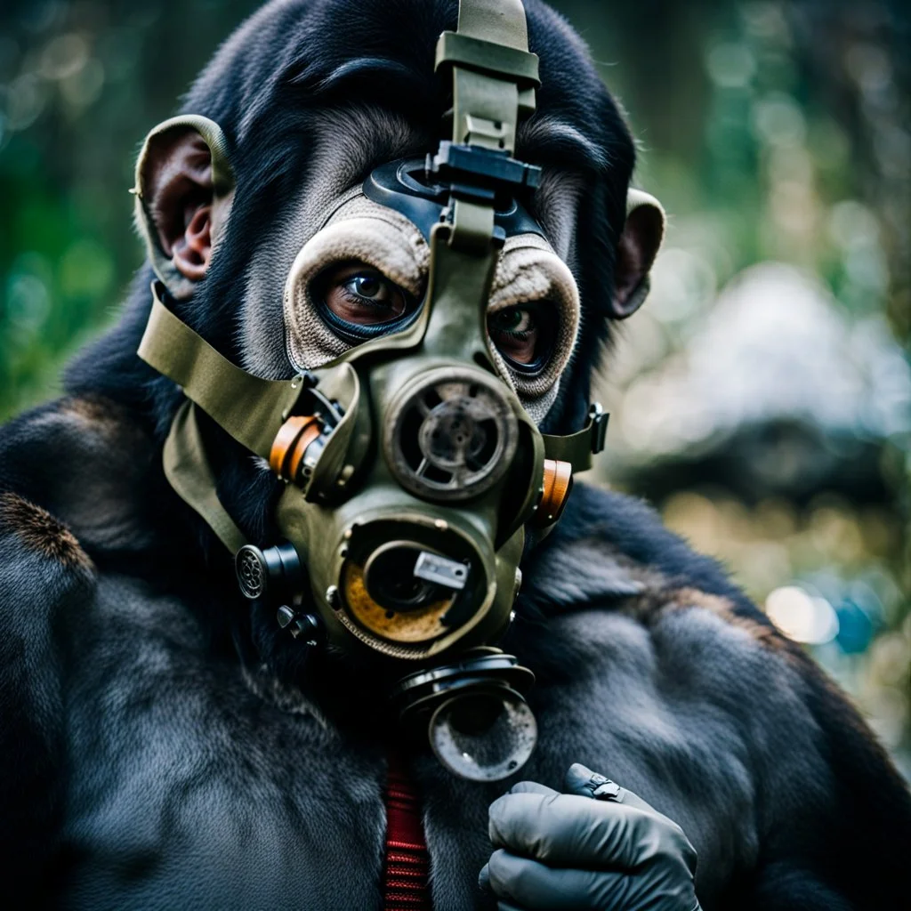 Nature photography, Cyborg Ape, breathing device, gas mask, respirator Christopher Nolan, Dystopian, Extreme depth of field, bokeh blur, Alberta, all-natural, in the style of candid, imperfection, natural lighting, Fuji Film, Anamorphic lens