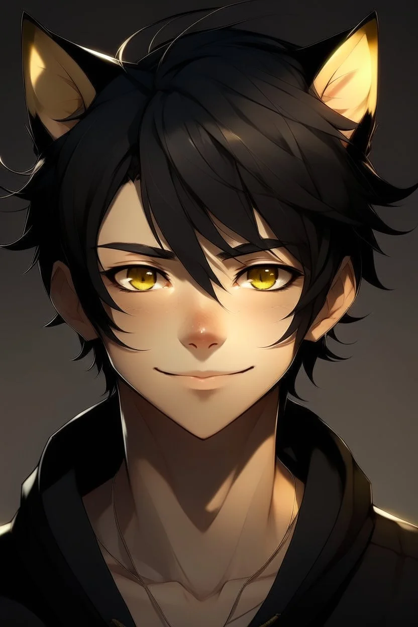 A young male with messy black hair, gold eyes, black cat ears, slight smile