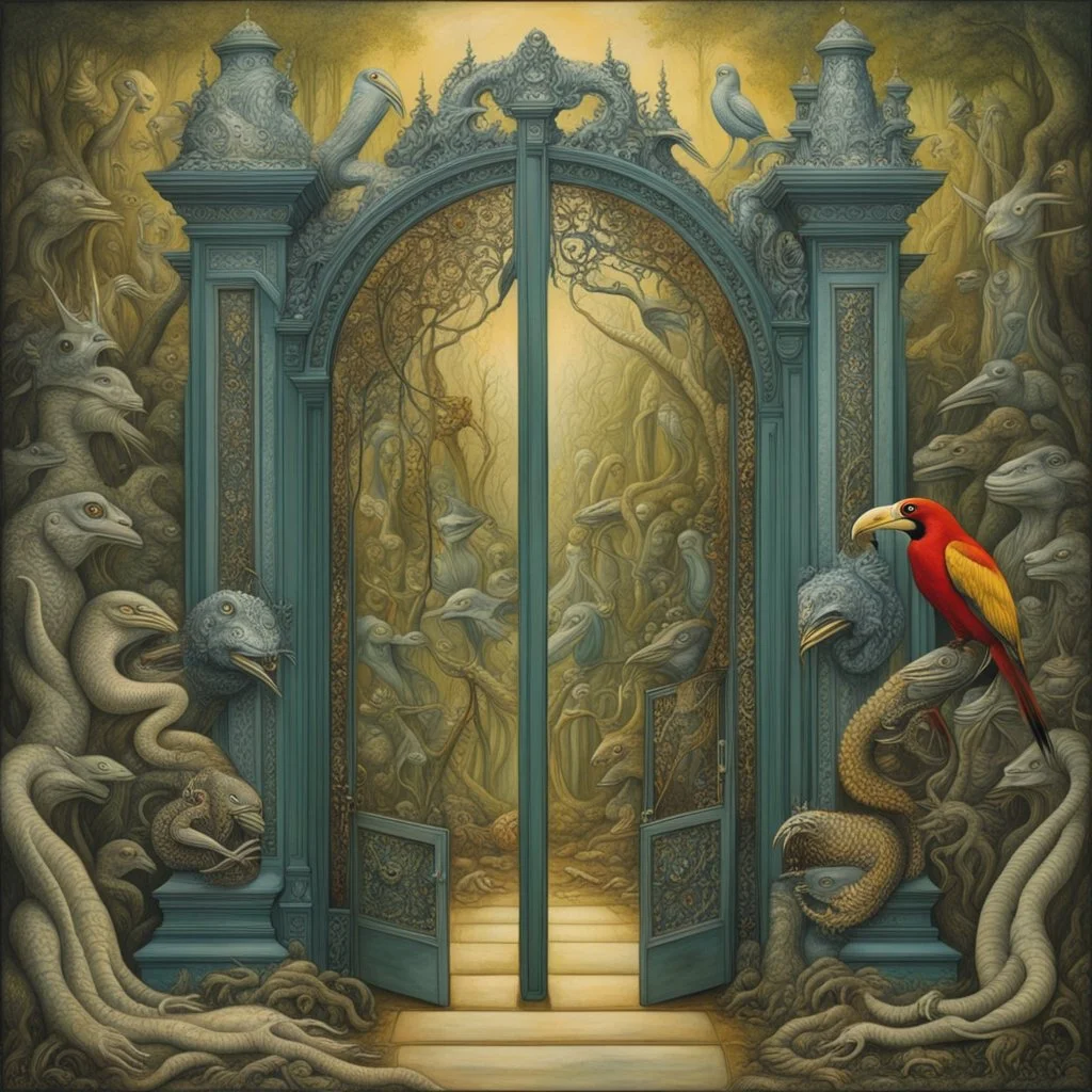 Gates looking into a strange Singapore Zoo, Artist Otto Rapp Bogomil's Universe; macrocosmic reflection, by Greg 'Craola' Simkins, intricately detailed; Hieronymus Bosch, imperial colors, fantasy, oil painting, mysterious cryptid menagerie.