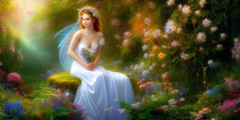 bright fairy, beautiful portrait, flowery landscape