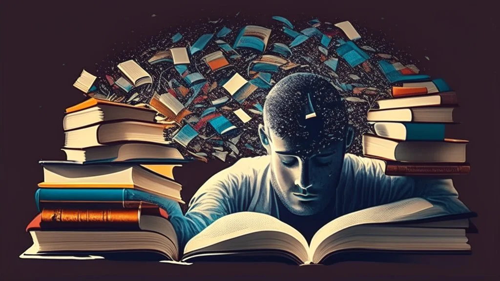 Description of the image: An image representing a person engaged in focused reading and learning, with books and articles spread out in front of them, symbolizing dedication to continuous learning and self-improvement.