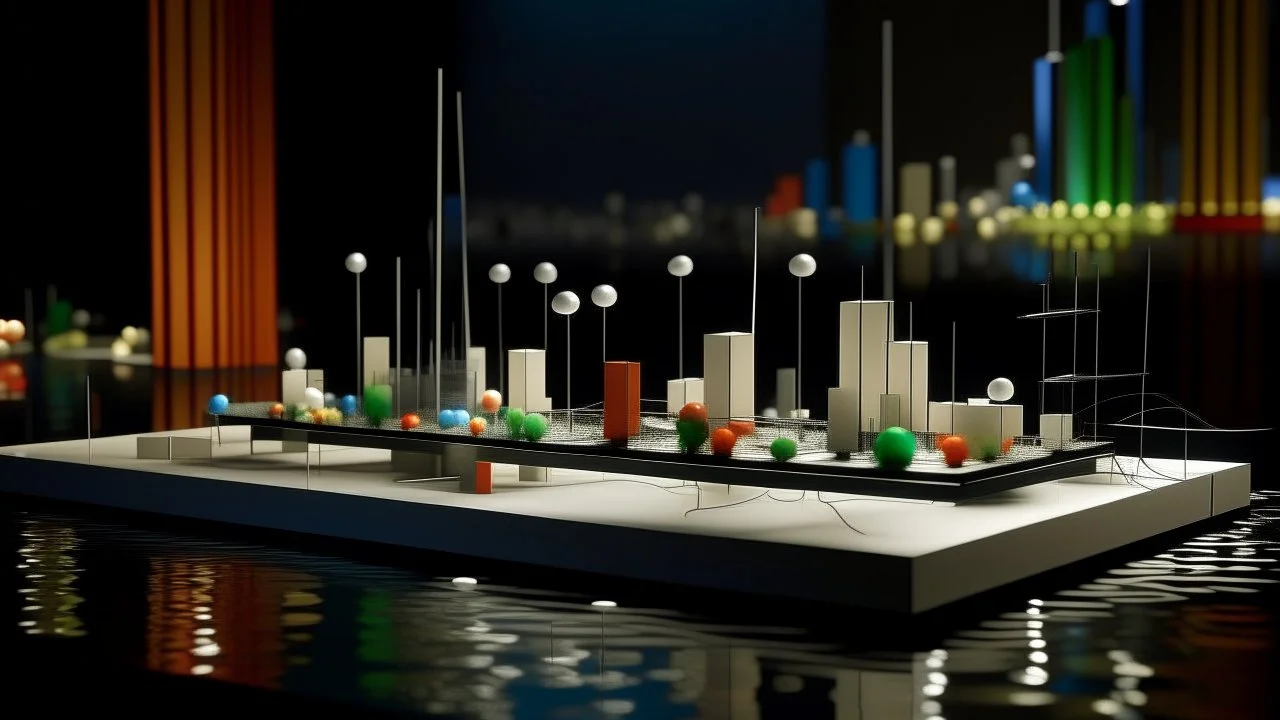 Architectural model floating on a dark, calm river at night, showing sleek metal vertical poles supporting minimalist white cubicles and vibrant spheres, with the city skyline in the background.