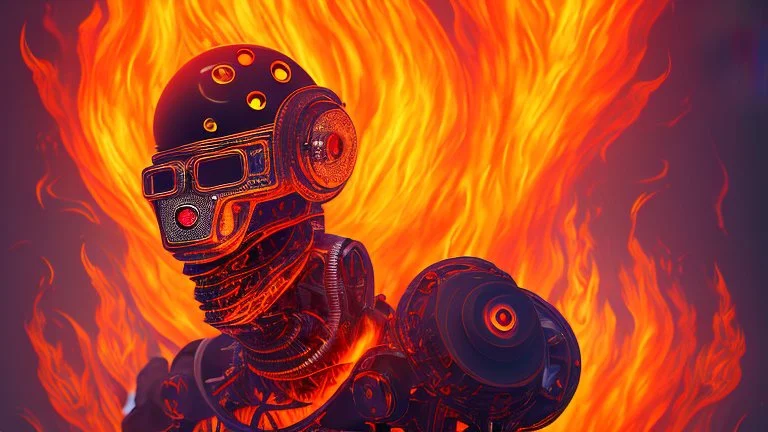 Portrait of a hard rock robot fan surrounded by flames reminiscent of hell.