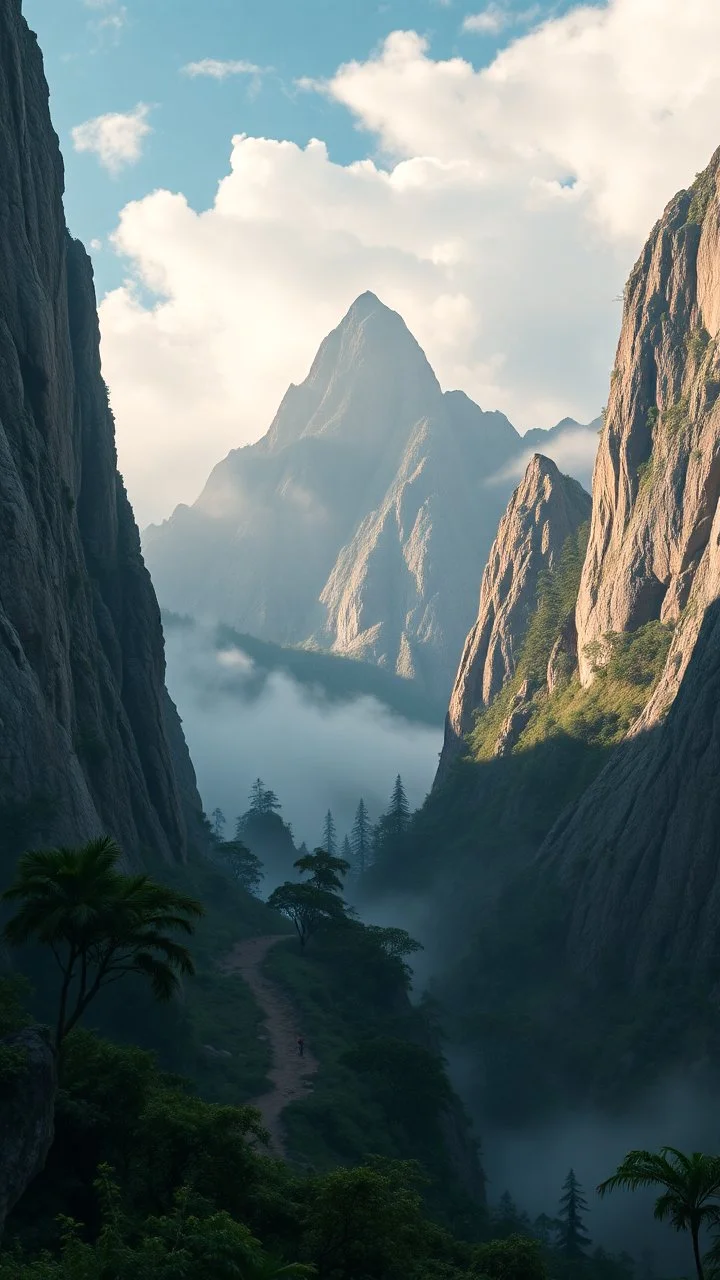 A trail between two mountains peaks with zoom in a large groups of dinosaurs marching in the Amazon side view , below is a huge wood top view , foggy, misty , adventures