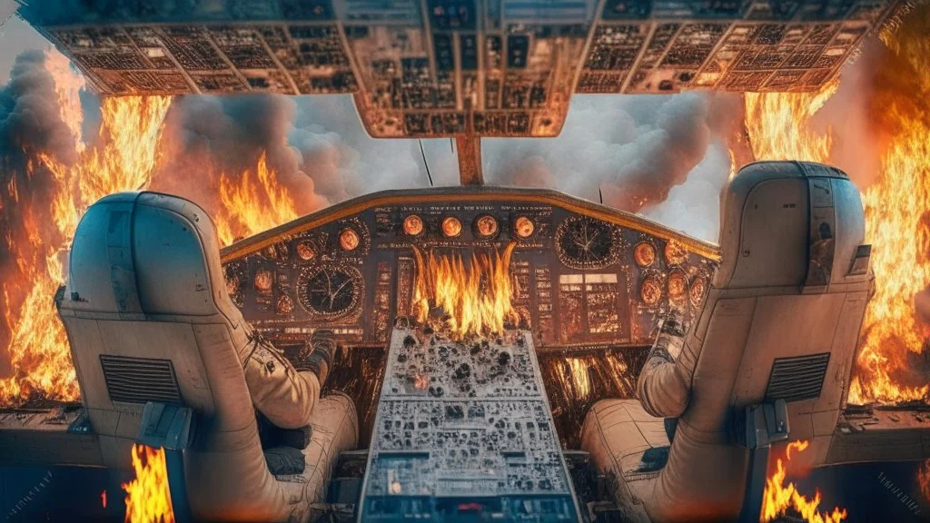 boeing 747 cockpit on fire with one empty co-pilot seat