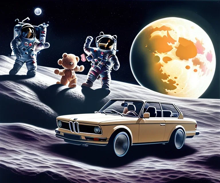 little boy and big teddy bears on moon. drifting in old bmw. oil on canvas